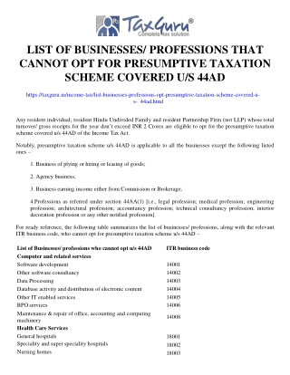 List of Businesses/ Professions that cannot opt for presumptive taxation scheme