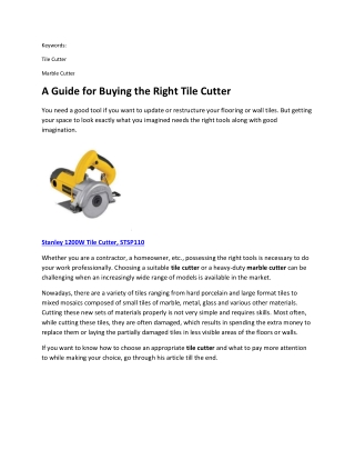 A Guide for Buying the Right Tile Cutter