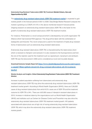 Extensively Drug Resistant Tuberculosis (XDR-TB) Treatment Market Drivers, Size and Opportunities by 2029