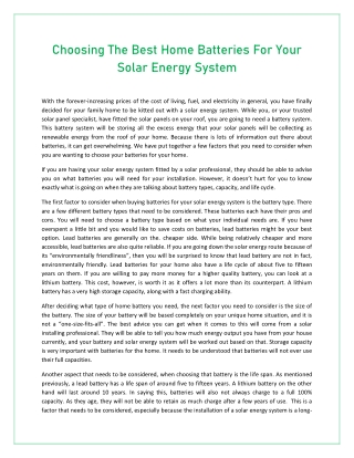 Choosing The Best Home Batteries For Your Solar Energy System