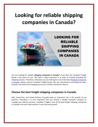 Looking for reliable shipping companies in Canada