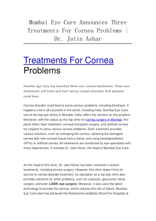 Mumbai Eye Care Announces Three Treatments For Cornea Problems , Dr. Jatin Ashar