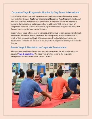 Corporate Yoga Program in Mumbai by Yog Power International