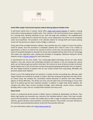 Zental Offers Single Tooth Dental Implants without Altering Adjacent Healthy Teeth