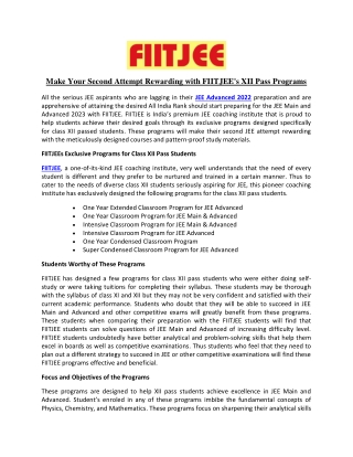 Make Your Second Attempt Rewarding with FIITJEE's XII Pass Programs