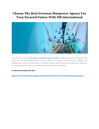 Choose The Best Overseas Manpower Agency For Your Secured Future With HR International