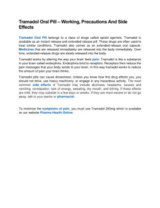 Tramadol Oral Pill – Working, Precautions And Side Effects