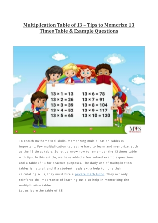 Multiplication Table of 13