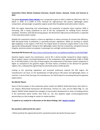 Automotive Piston Market: Business Opportunities and Global Industry Analysis
