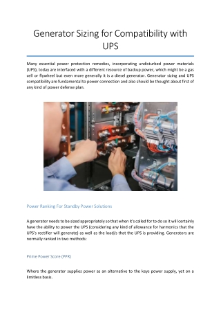 Generator Sizing for Compatibility with UPS