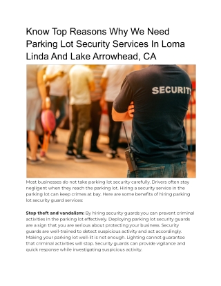 Know Top Reasons Why We Need Parking Lot Security Services In Loma Linda And Lake Arrowhead, CA