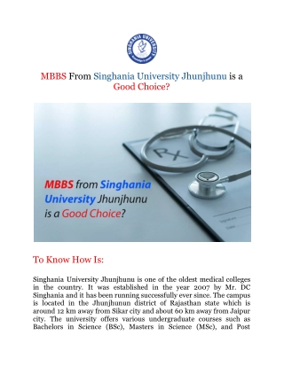 MBBS From Singhania University Jhunjhunu is a Good Choice