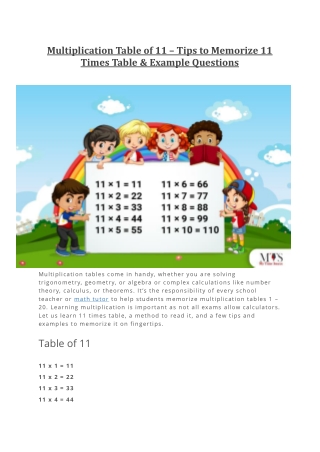 Multiplication Table of 11