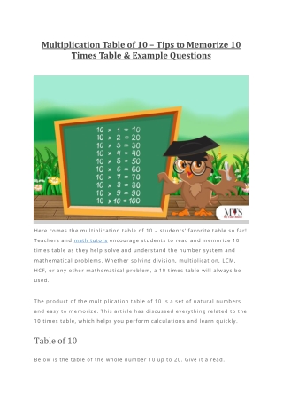 Multiplication Table of 10