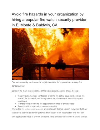 Avoid fire hazards in your organization by hiring a popular fire watch security provider in El Monte & Baldwin, CA