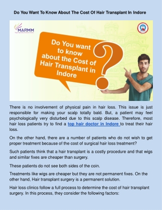 ​Do You Want To Know About The Cost Of Hair Transplant In Indore