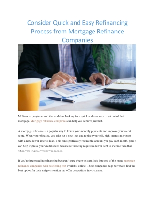 refinance mortgage companies with no closing costs