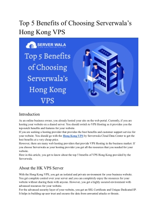 Top 5 Benefits of Choosing Serverwala’s Hong Kong VPS