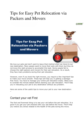 Tips for Easy Pet Relocation via Packers and Movers
