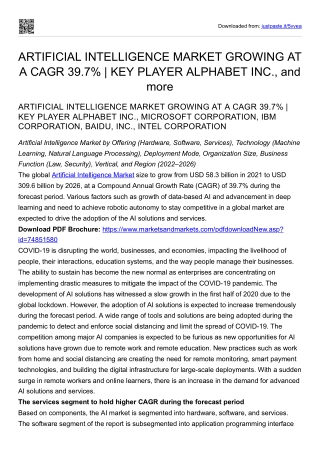 ARTIFICIAL INTELLIGENCE MARKET GROWING AT A CAGR 39.7% | KEY PLAYER