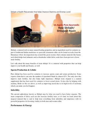 Shilajit a Health Rejuvenator that helps Improve Stamina and Energy Level