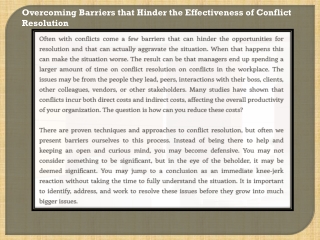 Overcoming Barriers that Hinder the Effectiveness of Conflict Resolution