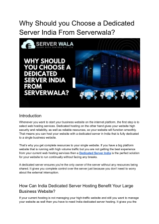 Why Should you Choose a Dedicated Server India From Serverwala_