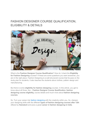FASHION DESIGNER COURSE QUALIFICATION, ELIGIBILITY & DETAILS