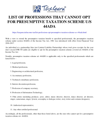 List of Professions that cannot opt for presumptive taxation scheme u/s 44ADA