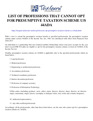 List of Professions that cannot opt for presumptive taxation scheme u/s 44ADA