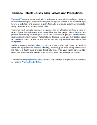 Tramadol Tablets – Uses, Risk Factors And Precautions
