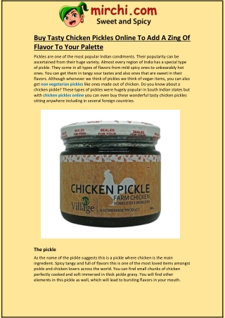 Buy Tasty Chicken Pickles Online To Add A Zing Of Flavor To Your Palette