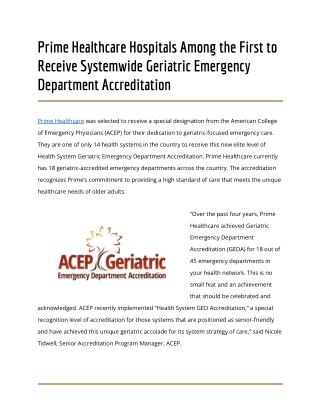 Prime Healthcare Hospitals Among the First to Receive Systemwide Geriatric Emergency Department Accreditation