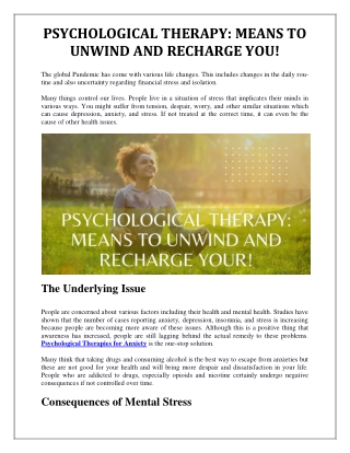 PSYCHOLOGICAL THERAPY MEANS TO UNWIND AND RECHARGE YOURSELF!