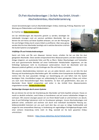 Öl-/Fett-Abscheideranlagen | De Buhr Bau GmbH, Erkrath - Abscheidereinbau, Absch