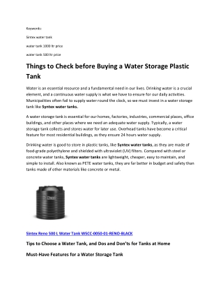 Things to Check before Buying a Water Storage Plastic Tank