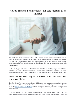 How to Find the Best Properties for Sale Prestons as an Investor