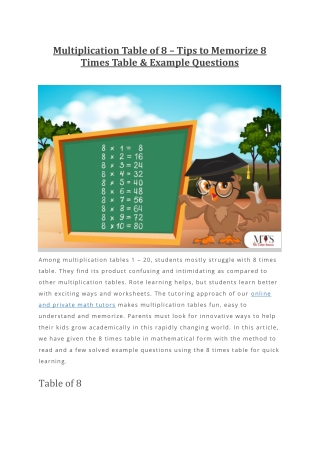 Multiplication Table of 8
