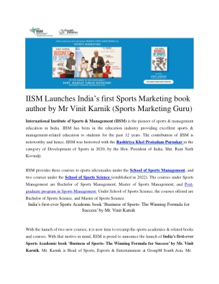 IISM Launches India’s first Sports Marketing book author by Mr Vinit Karnik (Sports Marketing Guru)