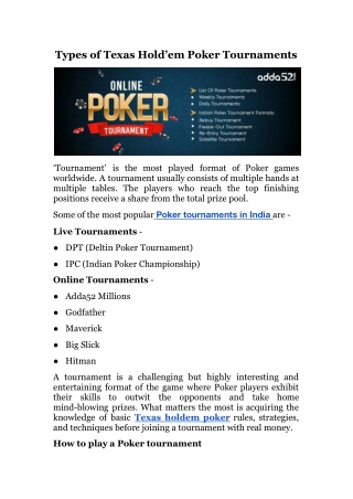 Types of Texas Hold’em Poker Tournaments