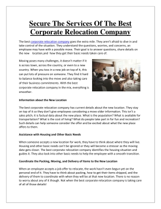 Secure The Services Of The Best Corporate Relocation Company