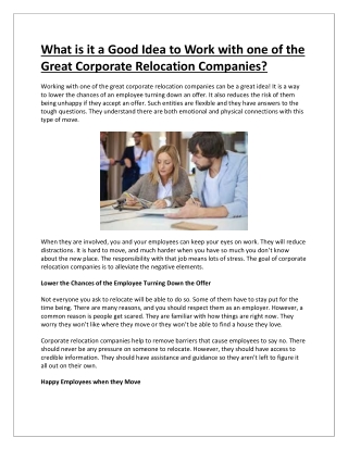 What is it a Good Idea to Work with one of the Great Corporate Relocation Companies