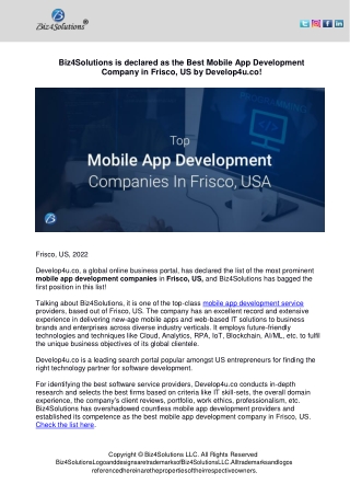 Biz4Solutions is declared as the Best Mobile App Development Company in Frisco, US by Develop4u.co