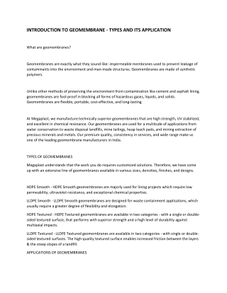 INTRODUCTION TO GEOMEMBRANE - TYPES AND ITS APPLICATION
