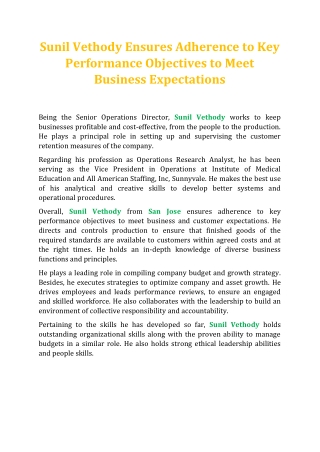 Sunil Vethody Ensures Adherence to Key Performance Objectives to Meet Business Expectations