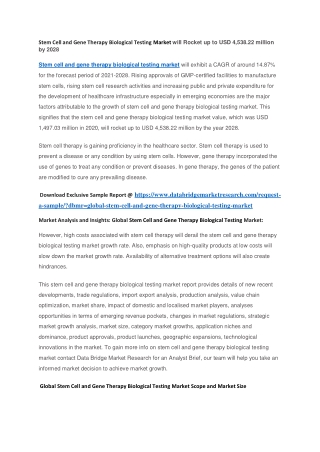 Stem Cell and Gene Therapy Biological Testing Market will Rocket up to USD 4,538.22 million by 2028