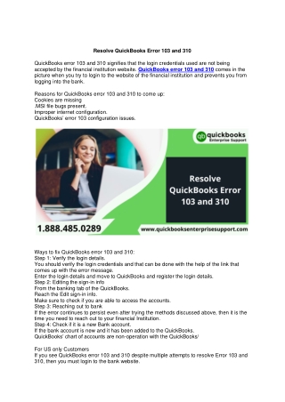 Resolve QuickBooks Error 103 and 310