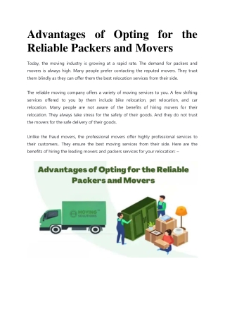 Advantages of Opting for the Reliable Packers and Movers