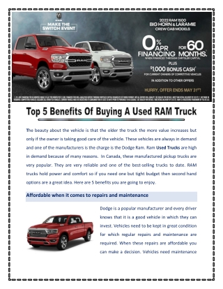 Top 5 Benefits Of Buying A Used RAM Truck