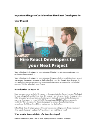 Important things to consider when Hire React JS Developers for your Project